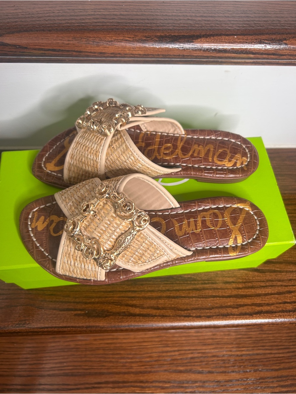 Sam Edelman Gracyn Woven Natural Crossband Slide Sandal with Gold Buckle, 5M - Picture 9 of 15